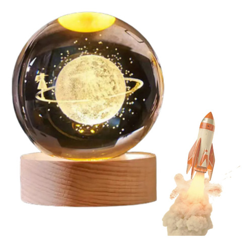 Luminária Decorativa Menina Na Lua em Esfera de Cristal com Base de Madeira USB e LED
