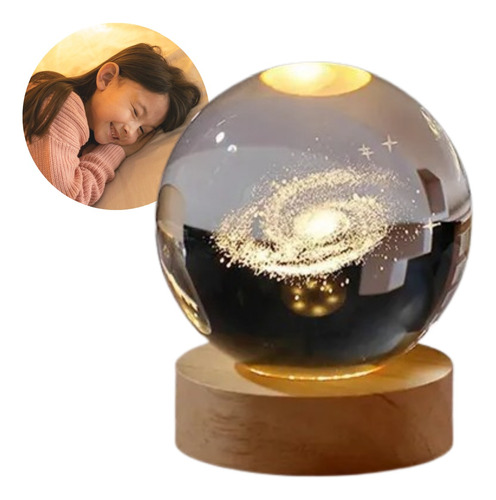 Luminária 3D Galáxia  Planetária em Esfera de Cristal com Base de Madeira Universo Abajur LED USB