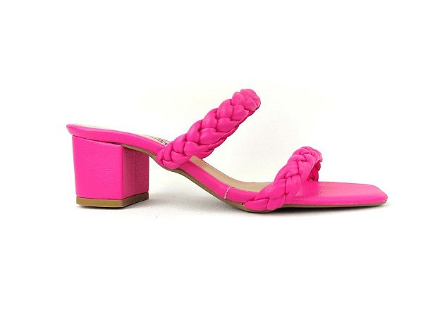 Sandália Tamanco Rosa Pink com Tiras Trançadas Tressê Salto Grosso Baixo 5  cm - Josy Medeiros