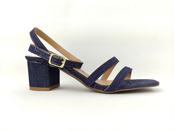 Sandália Jeans com Fivela Tornozelo Tiras Finas Salto Grosso Baixo 5 cm