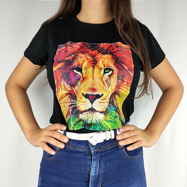 Camiseta Feminina T-Shirt Luxo Preta com Acessórios Estampa Leão