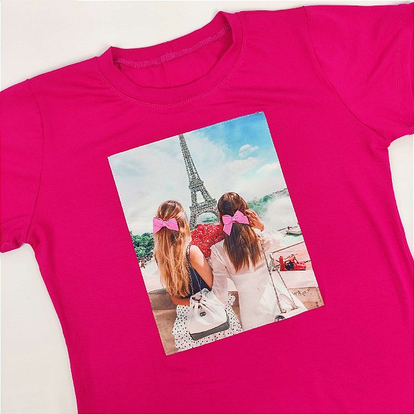 Camiseta Feminina T-Shirt Luxo Rosa Pink com Acessórios Estampa Paris Torre Eiffel