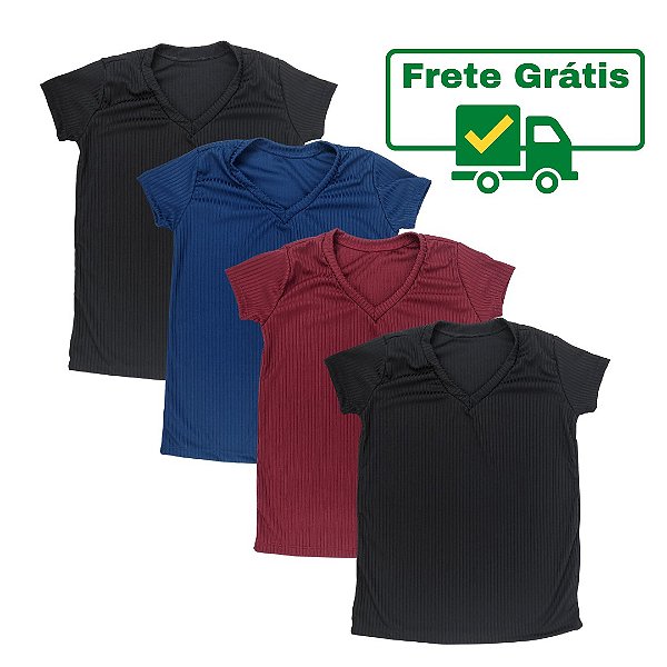 Kit 4 Camisetas T-Shirt Feminina Gola V Canelada Básica Frete Grátis Preta / Preta / Marsala / Azul Marinho Atacado