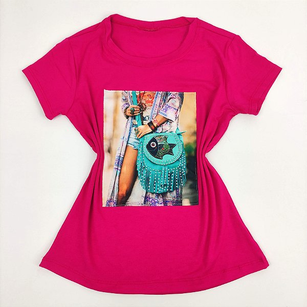 Camiseta Feminina T-Shirt Luxo Rosa Pink com Acessórios Estampa Bolsa  Peixinho - Josy Medeiros