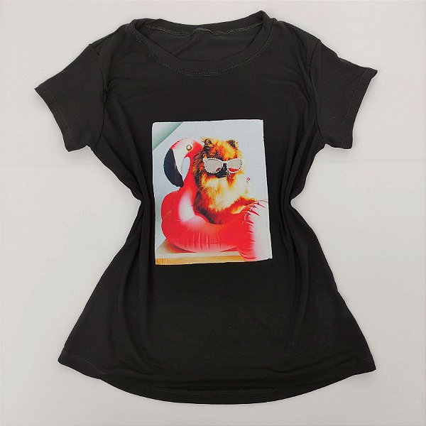 Camiseta Feminina T-Shirt Luxo Preta com Acessórios Estampa Cachorro na Bóia