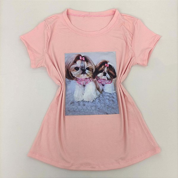 Camiseta Feminina T-Shirt Luxo Rosa Claro Bebê com Acessórios Estampa Cachorro Shih Tzu