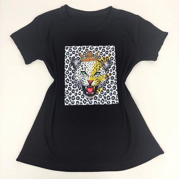 Camiseta Feminina T-Shirt Luxo Preta com Acessórios Estampa Onça Rainha