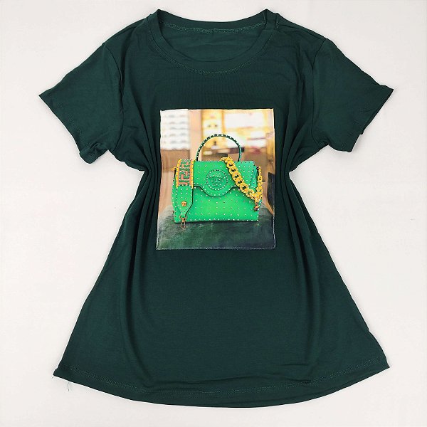 Camiseta Feminina T-Shirt Verde Escuro com Strass Estampa Bolsa Verde Luxo  - Josy Medeiros