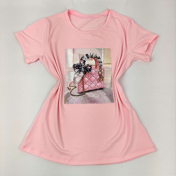 Camiseta Feminina T-Shirt Luxo Rosa Claro Bebê com Acessórios Estampa Bolsa  Rosa - Josy Medeiros