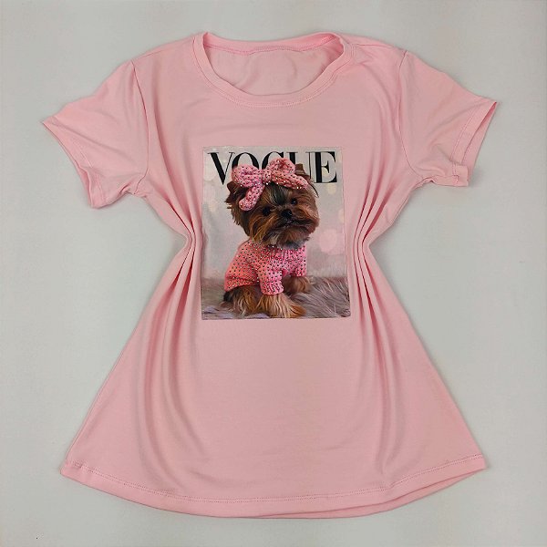 Camiseta Feminina T-Shirt Luxo Rosa Claro Bebê com Acessórios Estampa Cachorrinha Rosa