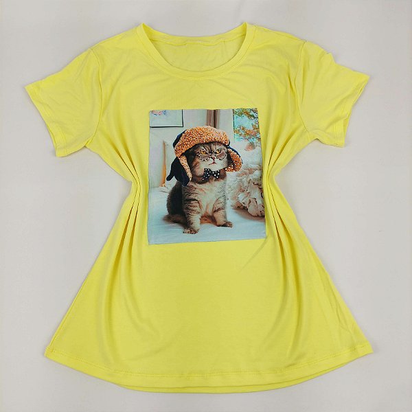 Camiseta Feminina T-Shirt Amarelo Bebê com Acessórios Estampa Gatinho Chapéu