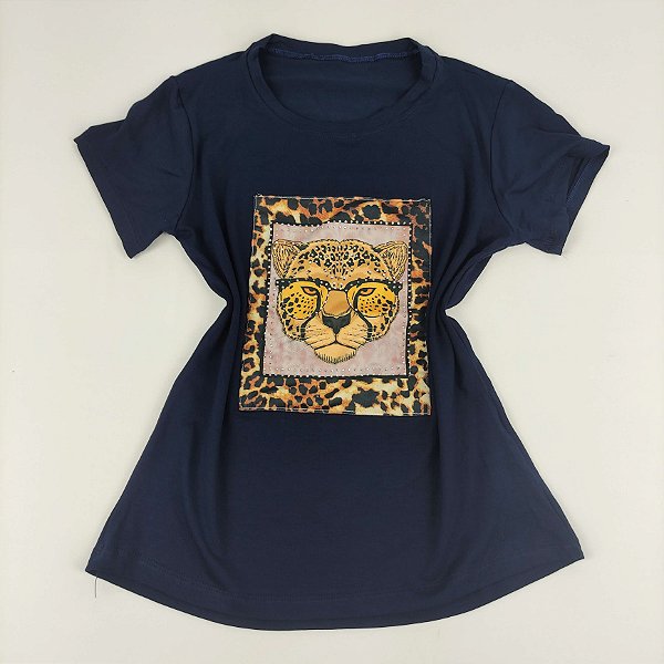 Camiseta Feminina T-Shirt Azul Marinho com Strass Estampa Onça
