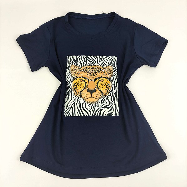 Camiseta Feminina T-Shirt Azul Marinho com Strass Estampa Onça Zebra
