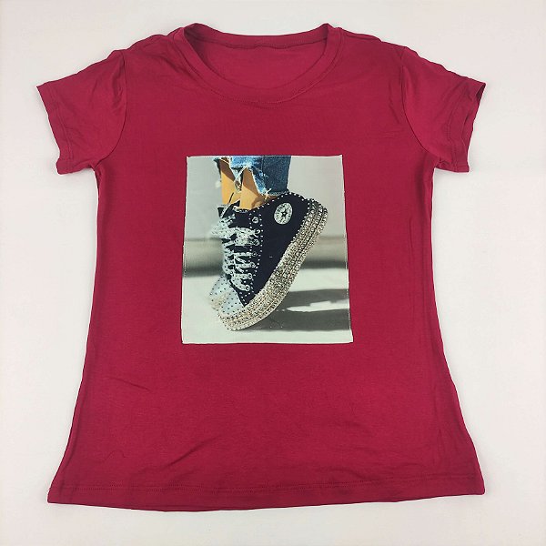Camiseta Feminina T-Shirt Marsala com Strass Estampa Tênis Star Preto -  Josy Medeiros