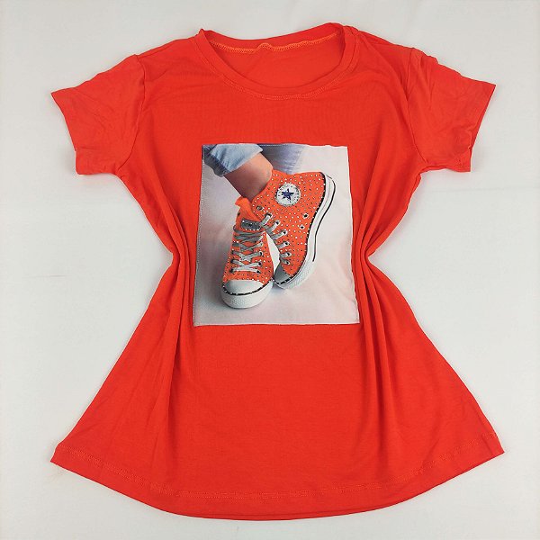 Camiseta Feminina T-Shirt Laranja com Strass Estampa Tênis Star