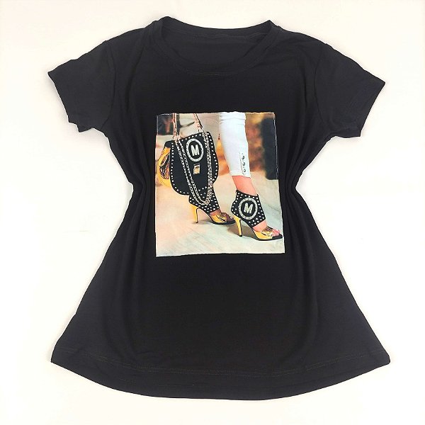 Camiseta Feminina T-Shirt Preta com Strass Estampa Salto e Bolsa