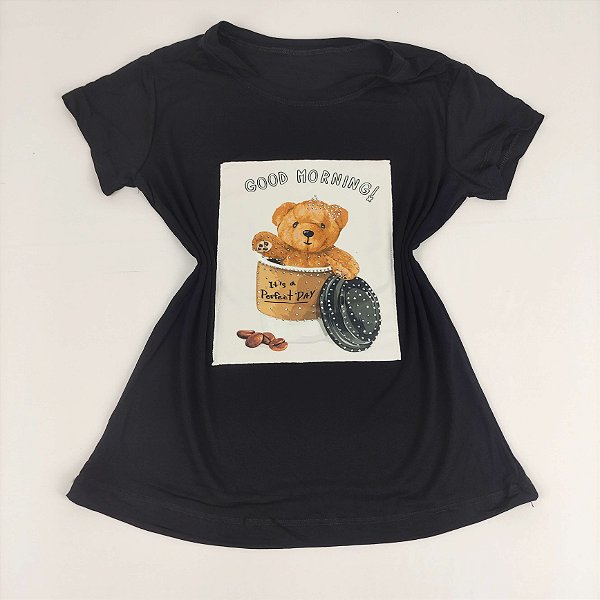Camiseta Feminina T-Shirt Preta com Strass Estampa Ursinho Good Morning Café