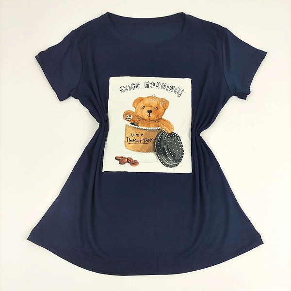 Camiseta Feminina T-Shirt Marinho com Strass Estampa Ursinho Good Morning Café