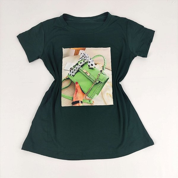 Camiseta Feminina T-Shirt Verde Escuro com Strass Estampa Bolsa Verde Luxo