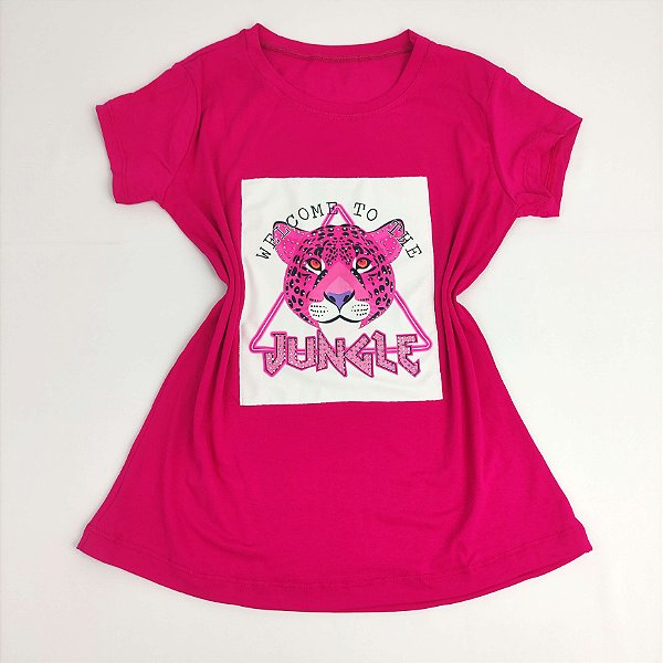 Camiseta Feminina T-Shirt Pink com Strass Estampa Onça Jungle Pink