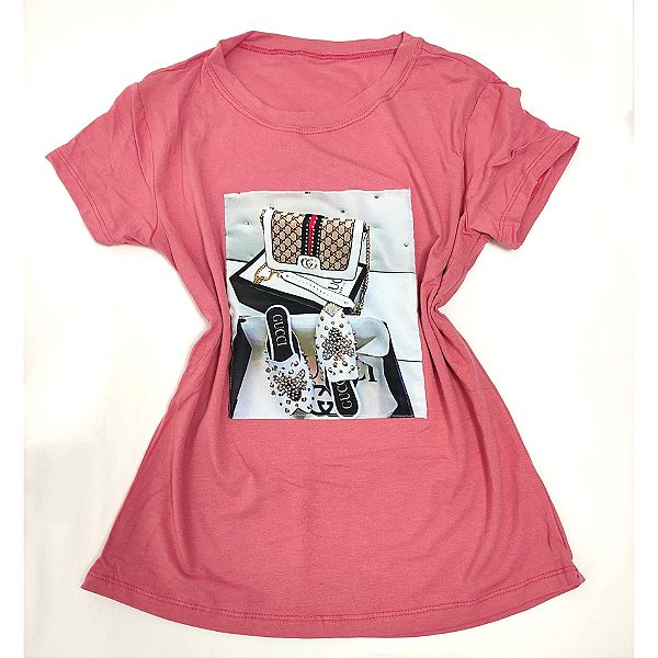 Camiseta Feminina T-Shirt Rosa Escuro Estampa Conjunto Branco