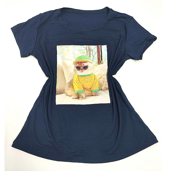 Camiseta Feminina T-Shirt Azul Marinho Gatinho Roupas Verde e Amarelo
