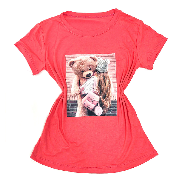Camiseta Feminina T-Shirt Coral Menina e Urso