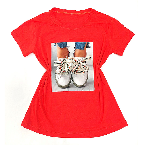 Camiseta Feminina T-Shirt Laranja Tênis Laço