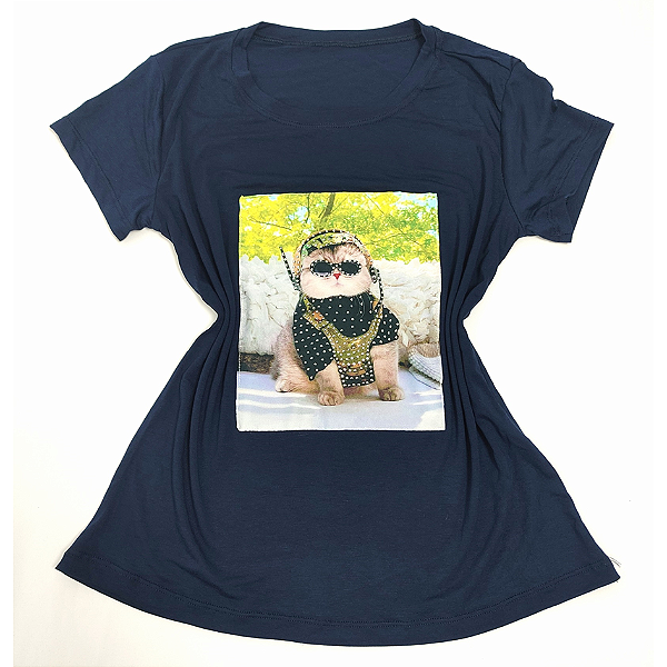 Camiseta Feminina T-Shirt Azul Marinho Gato Fashion