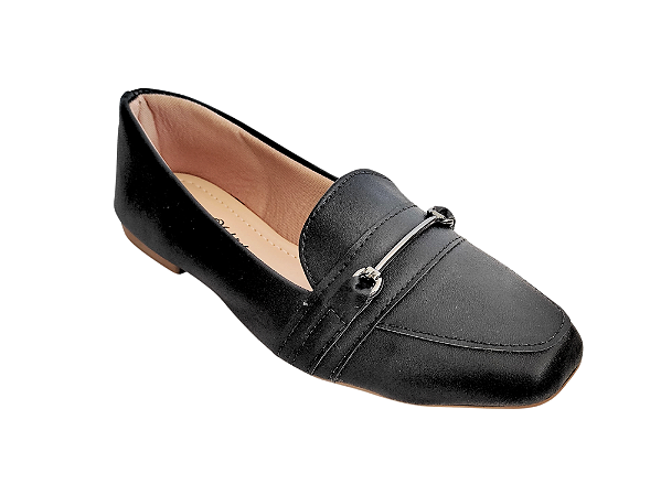Sapatilha Preta Mocassim Bico Quadrado Fivela