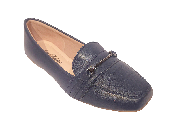 Sapatilha Azul Marinho Mocassim Bico Quadrado Fivela