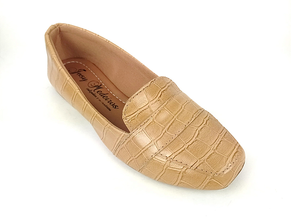 Sapatilha Bege Croco com Detalhes Escuros Bico Quadrado Slipper