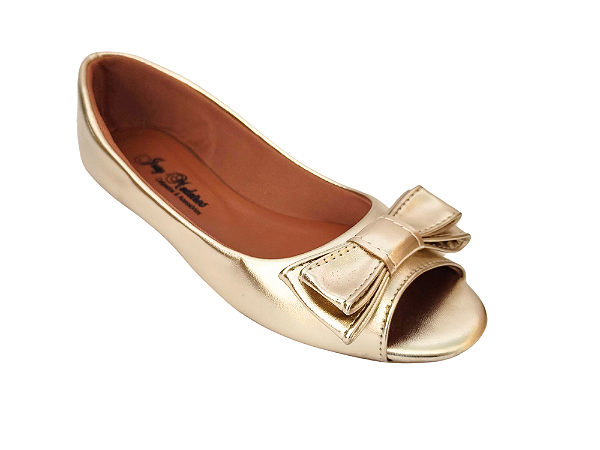 Sapatilha Peep Toe Dourado Ouro Velho com Laço