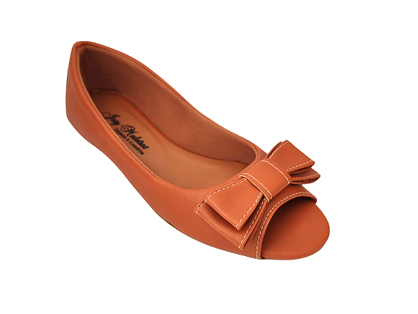 Sapatilha Peep Toe Marrom Caramelo com Laço