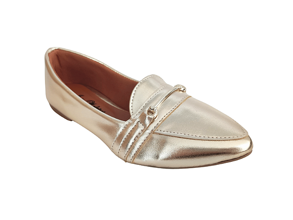 Sapatilha Slipper Bico Fino Dourado Ouro com Fivela Dourado