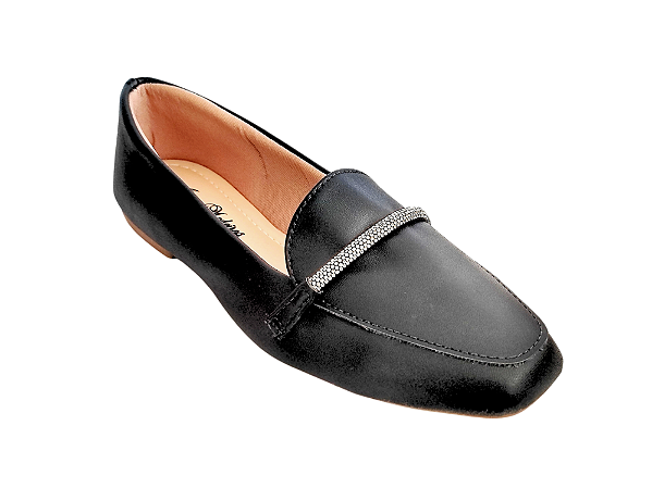 Sapatilha Preta Bico Quadrado Mocassim com Tirinha em Brilhos