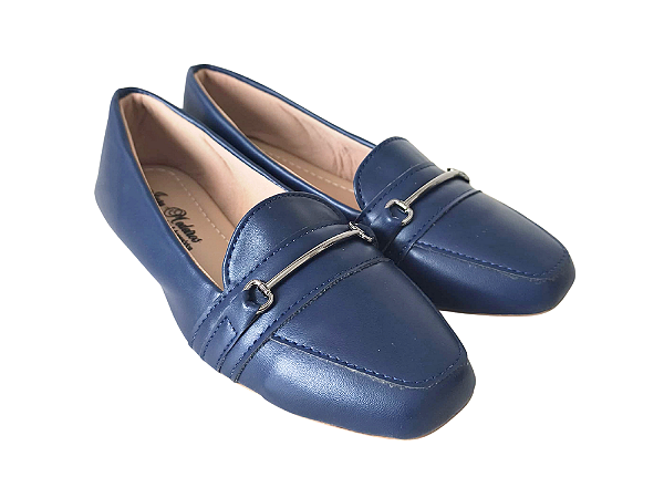 Sapatilha Mocassim Azul Marinho Bico Quadrado Fivela