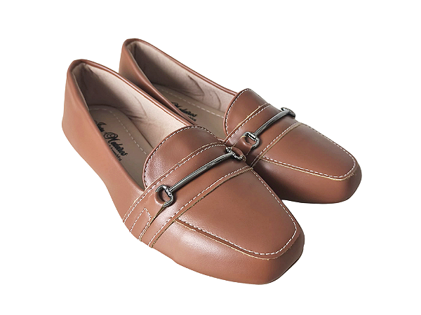 Sapatilha Mocassim Caramelo Marrom Bico Quadrado Fivela