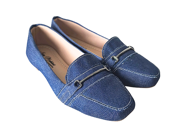 Sapatilha Mocassim Jeans Bico Quadrado Fivela