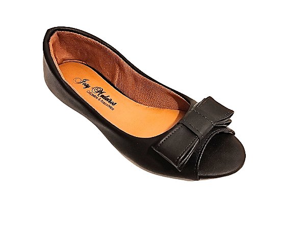 Sapatilha Peep Toe Preta com Laço Preto