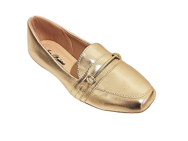 Sapatilha Dourada Ouro Mocassim Bico Quadrado com Fivela