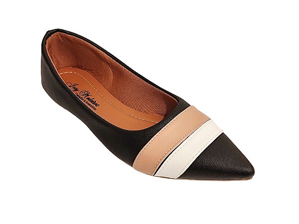 Sapatilha Preta Alongada com Faixas Nude e Branca