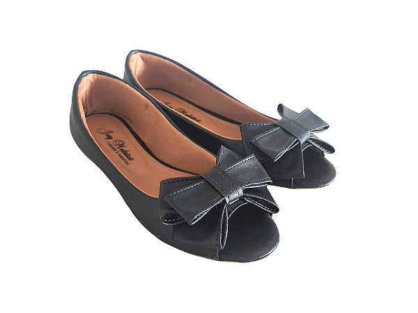 Sapatilha Peep Toe Preta com Laço Duplo