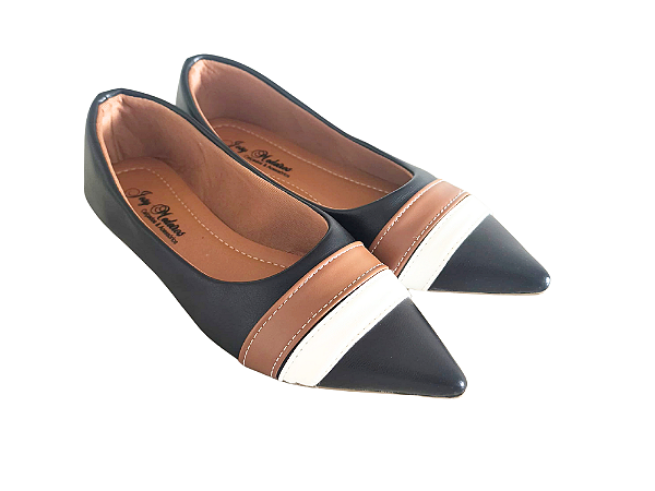 Sapatilha Alongada Preta com Faixas Caramelo e Branco