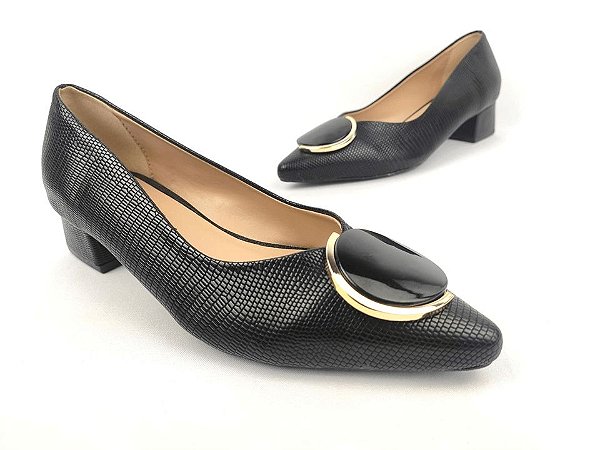 Scarpin Verniz Preto com Textura Fivela Salto 4 cm - Josy Medeiros