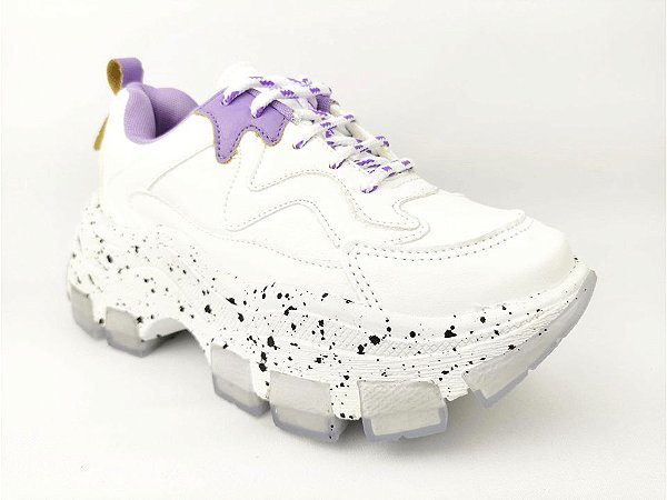 Tênis Chunky Sneaker Branco com Lilás Solado Decorado 6 cm