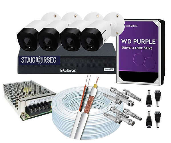 Kit 4 Câmeras Intelbras VHL 1120B DVR MHDX 1104-C 4 Canais com Hd de 1TB + Acessórios