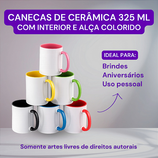 Caneca Cerâmica com alça e interior colorido 325 ml - Personalizada