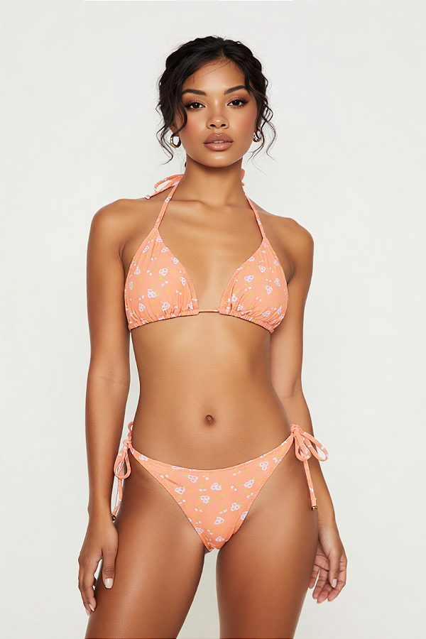Biquíni cortininha floral laranja