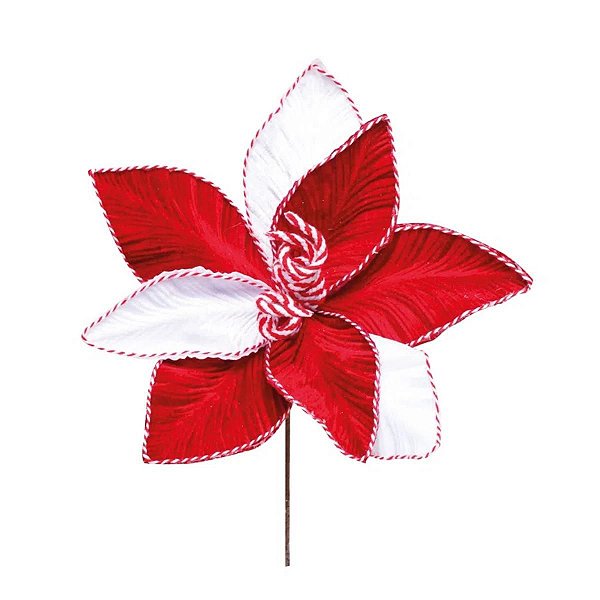 Flor de Natal Vermelha com Branco Aveludada Poinsetia 25cm - Daluel - Daluel